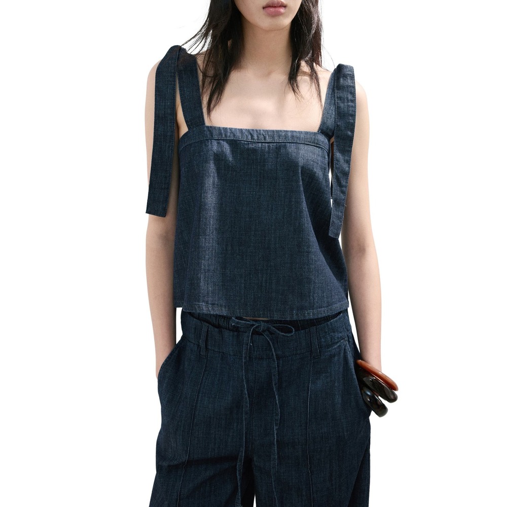 Mango MNG Calonge Denim Top Dark Wash Tie Shoulder Split Back Crop Tank Large